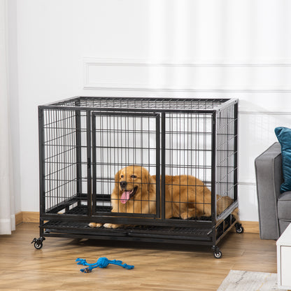 PawHut 43" Heavy Duty Metal Dog Crate Pet Cage with Tray Wheeled Dog Kennel - Black (Large) 