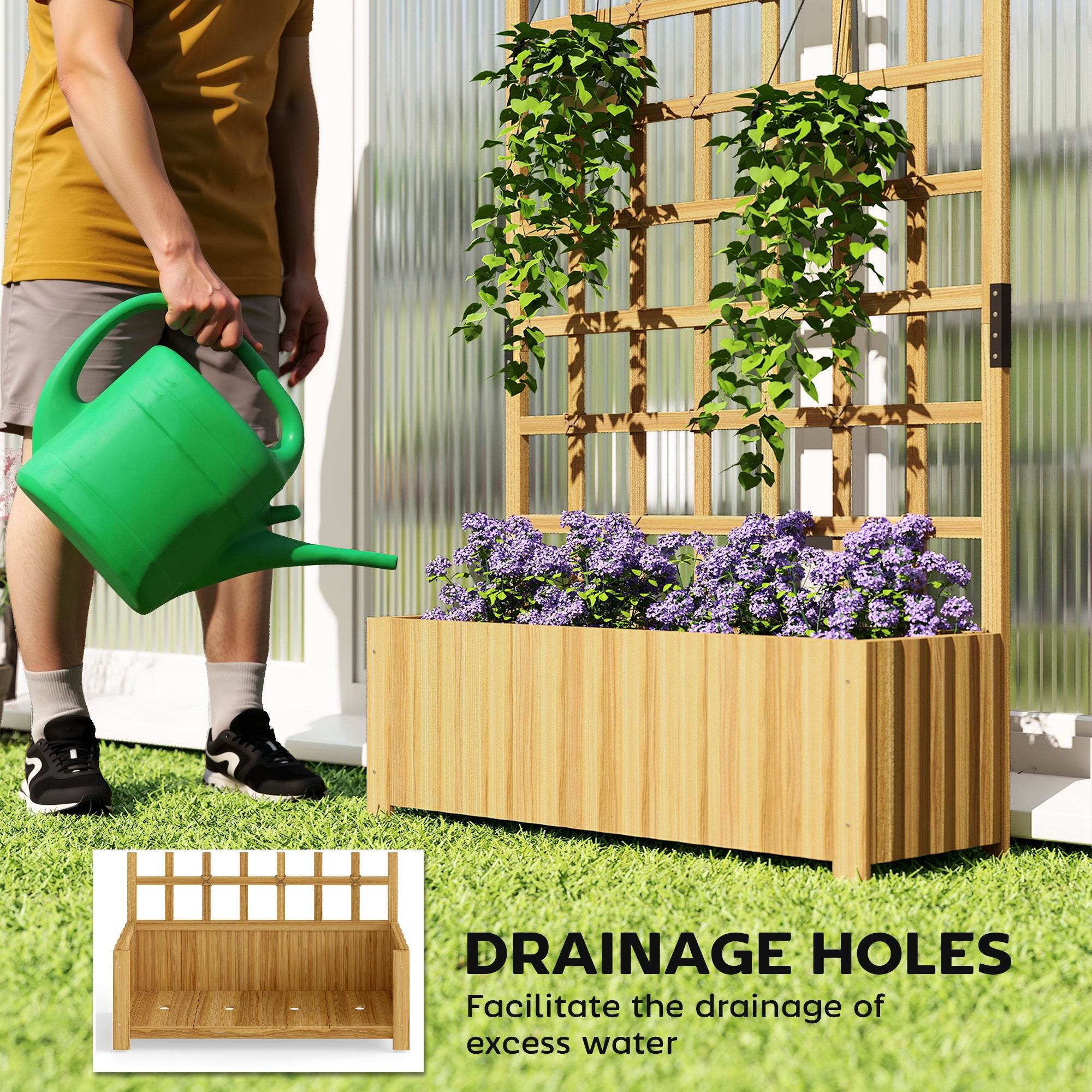 Outsunny Wooden Raised Planter with Trellis, Raised Bed for Garden with Lattice and Drainage Holes for Climbing Plants 