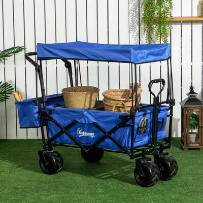 Outsunny Folding Trolley Cart Storage Wagon Beach Trailer 4 Wheels with Handle Overhead Canopy Cart Push Pull for Camping, Blue 