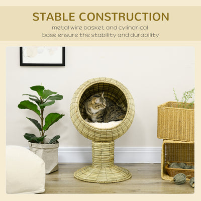 PawHut Raised Detachable Cat house, Natural Mat Grass Cat Bed, with Cushion 