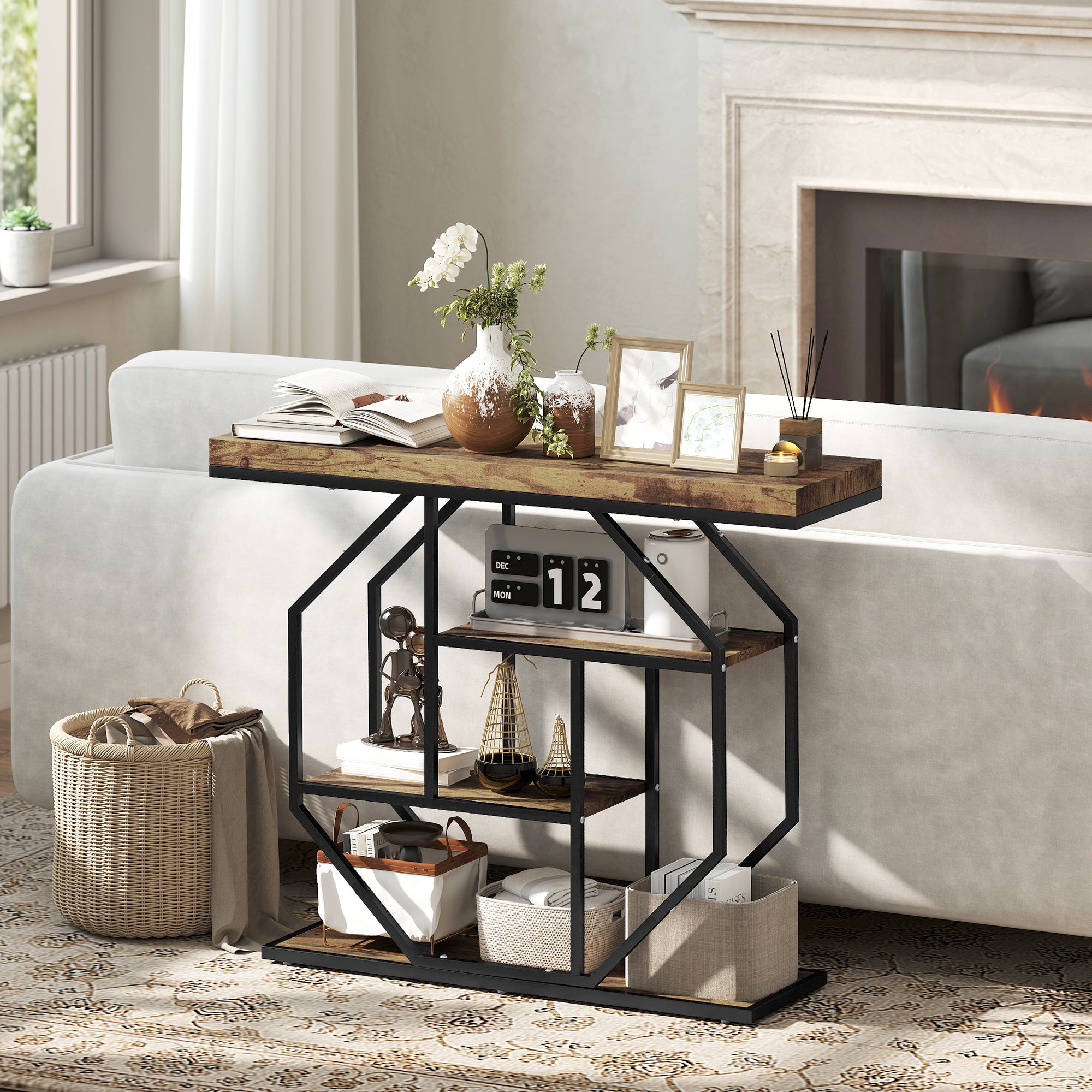 HOMCOM 4-Tier Industrial Console Table - Rustic Brown 