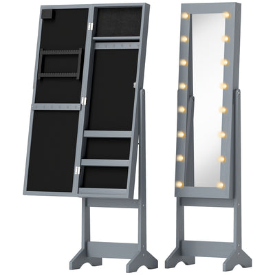 HOMCOM Free Standing Mirror Jewelry Cabinet with LED Lights, Jewellery Organiser with 3 Angle Adjustable, Full-Length Mirror with Storage for Earrings, Necklaces, Rings and Lipsticks, Grey 
