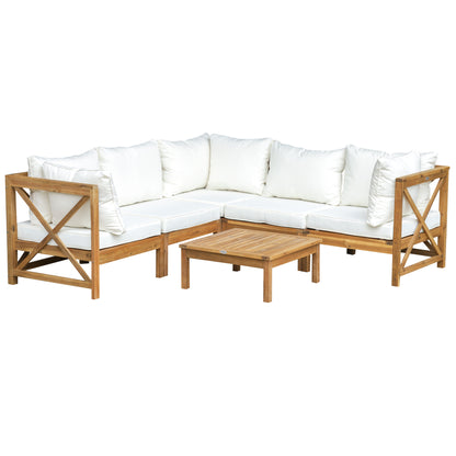 Outsunny 6 PCS Elegant Wood Frame Outdoor Patio Dining Set w/ Cushions Coffee Table Garden Furniture Sofa Comfort Balcony Patio Cream White 