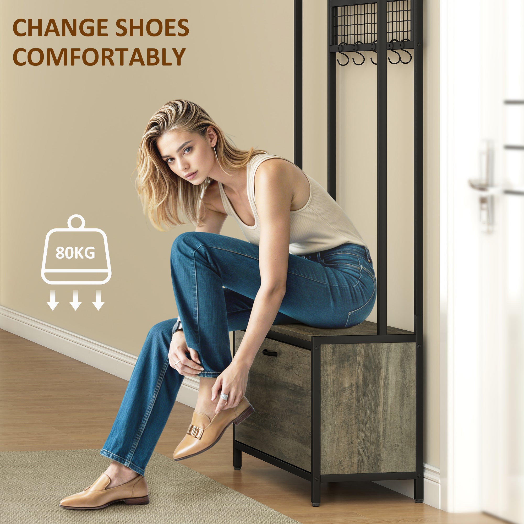 HOMCOM 5-In-1 Industrial-Style Hallway Tree - Grey/Black