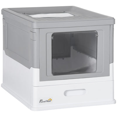 PawHut Hooded Cat Litter Box, Portable Pet Toilet, with Scoop, Front Entry - Grey 