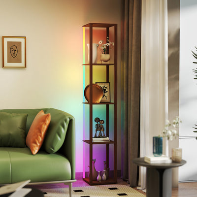 HOMCOM RGB LED Floor Lamp with Shelves, Modern Dimmable Standing Lamp with Remote Control, Adjustable Brightness & Speed for Living Room, Bedroom, Office, Brown 