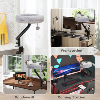 PawHut Cat Desk Bed, Cat Hammock 360° Rotatable Adjustable for Window, Table, Work, Grey 