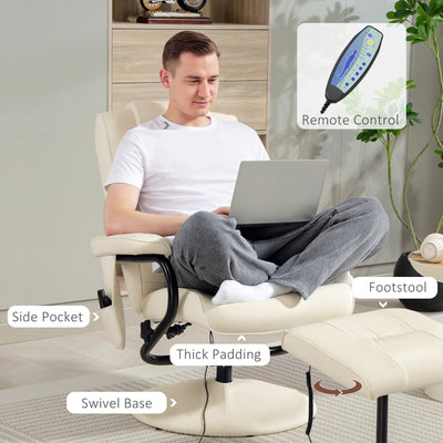 HOMCOM Swivel Recliner Chair and Footstool, Faux Leather Massage Recliner Armchair with Remote Control and Round Wrapped Base, Cream White 