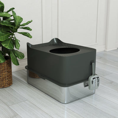 PawHut Stainless Steel Cat Litter Tray, Extra Large Enclosed Litter Box with Scoop, Top Entrance, Non-slip Pads, Dark Grey 