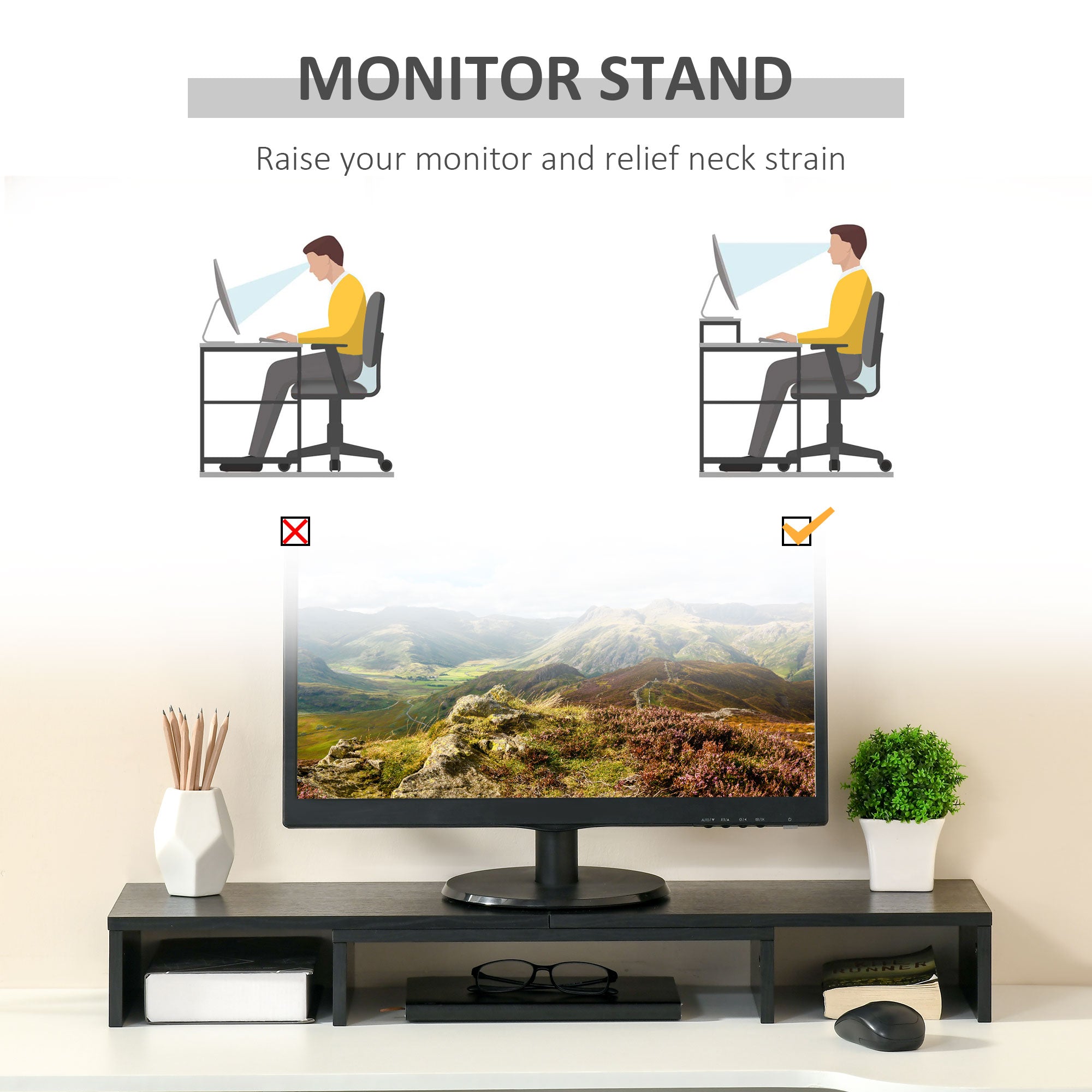 Vinsetto Dual Monitor Stand Riser with Adjustable Length and Angle, Screen Riser for Laptop, Computer, PC, Printer, TV, Black 