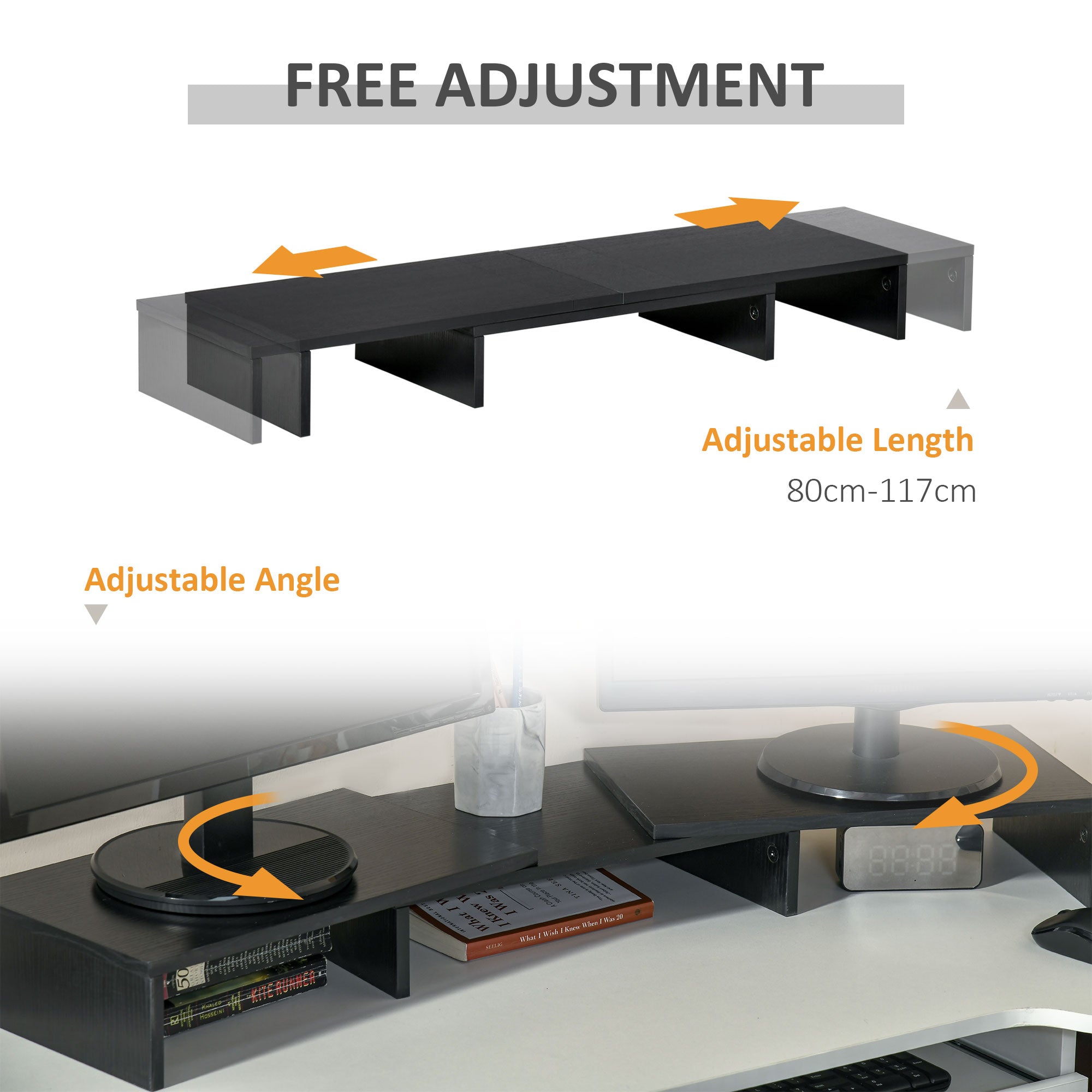 Vinsetto Dual Monitor Stand Riser with Adjustable Length and Angle, Screen Riser for Laptop, Computer, PC, Printer, TV, Black 