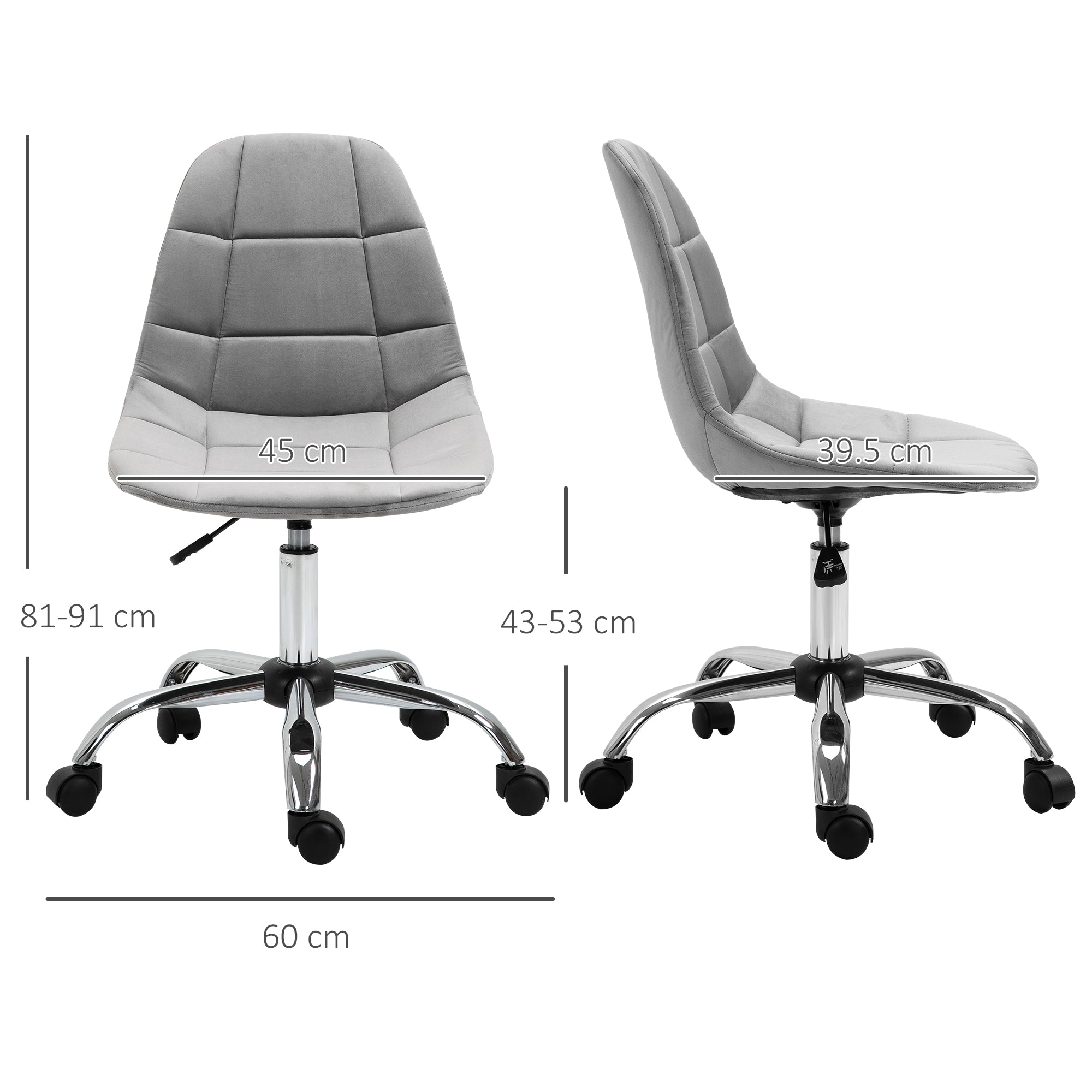 Vinsetto Ergonomic Office Chair with Adjustable Height and Wheels Velvet Executive Chair Armless for Home Study Bedroom Grey 