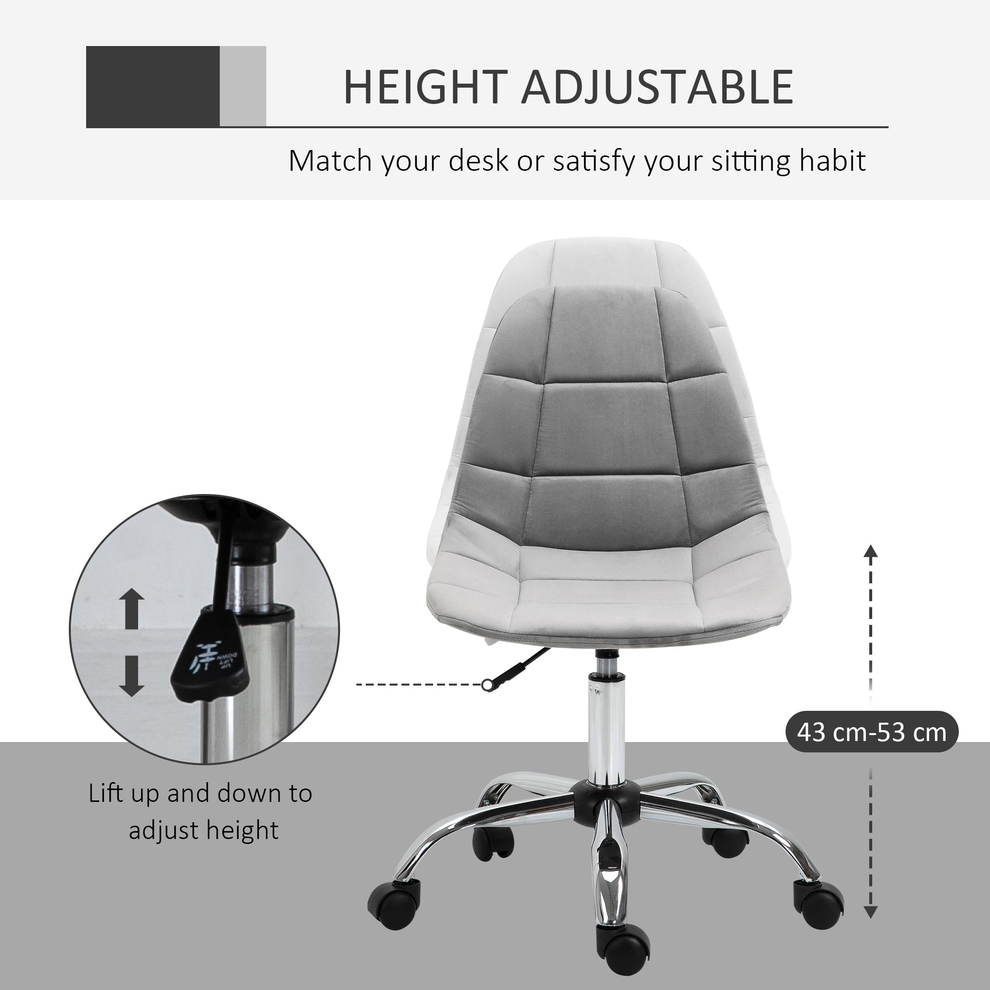 Vinsetto Ergonomic Office Chair with Adjustable Height and Wheels Velvet Executive Chair Armless for Home Study Bedroom Grey 