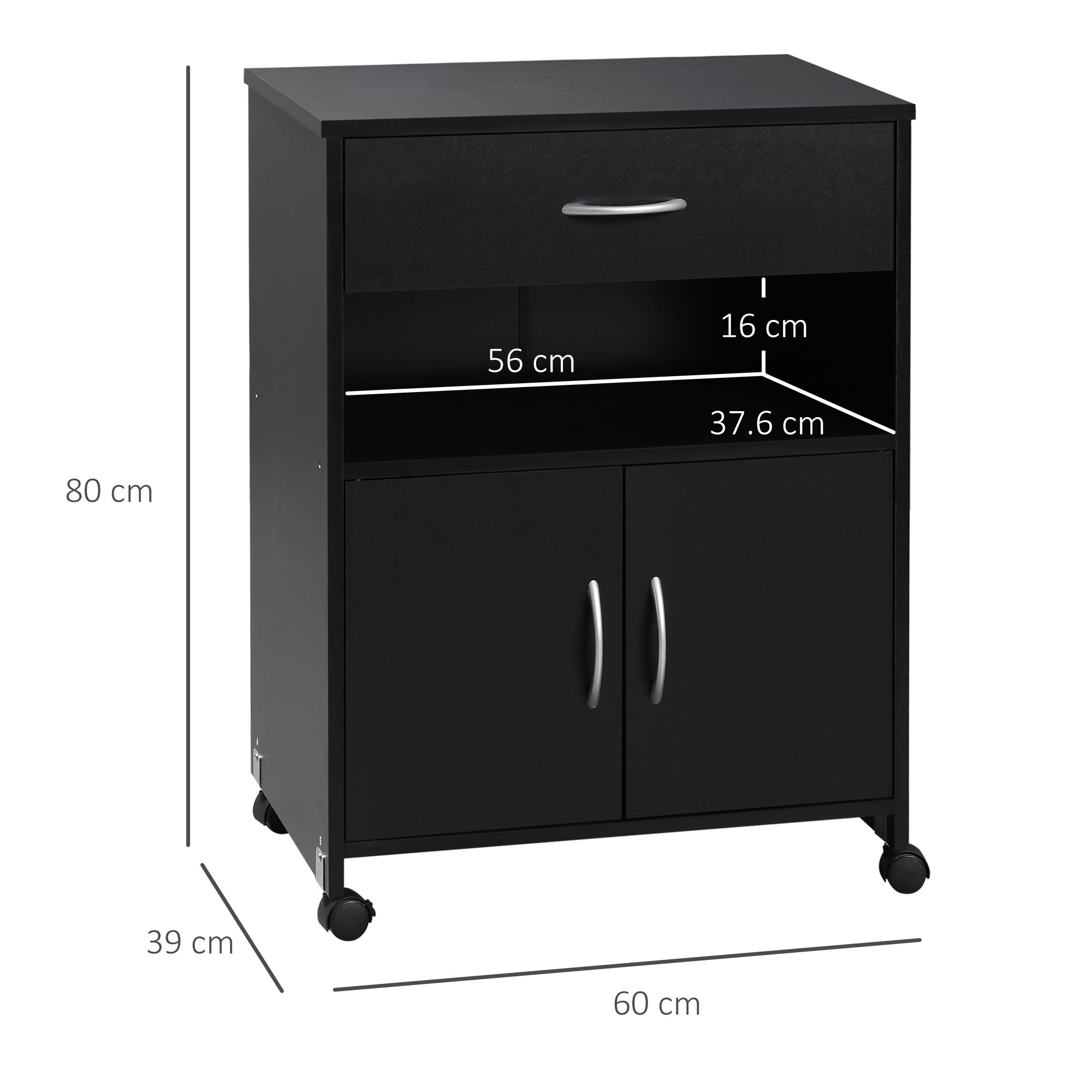Vinsetto Printer Stand Mobile Printer Cabinet with Storage, Open Shelf, Drawer for Home Office, 60cm x 39cm x 80cm, Black 