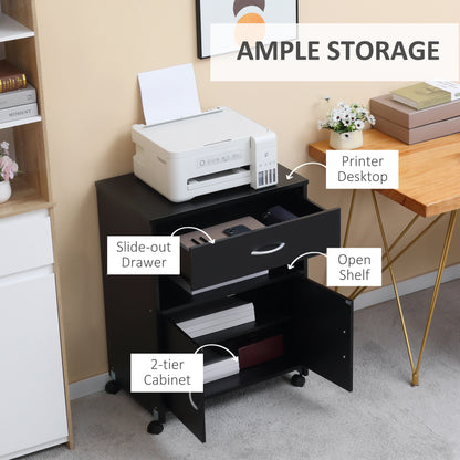 Vinsetto Printer Stand Mobile Printer Cabinet with Storage, Open Shelf, Drawer for Home Office, 60cm x 39cm x 80cm, Black 