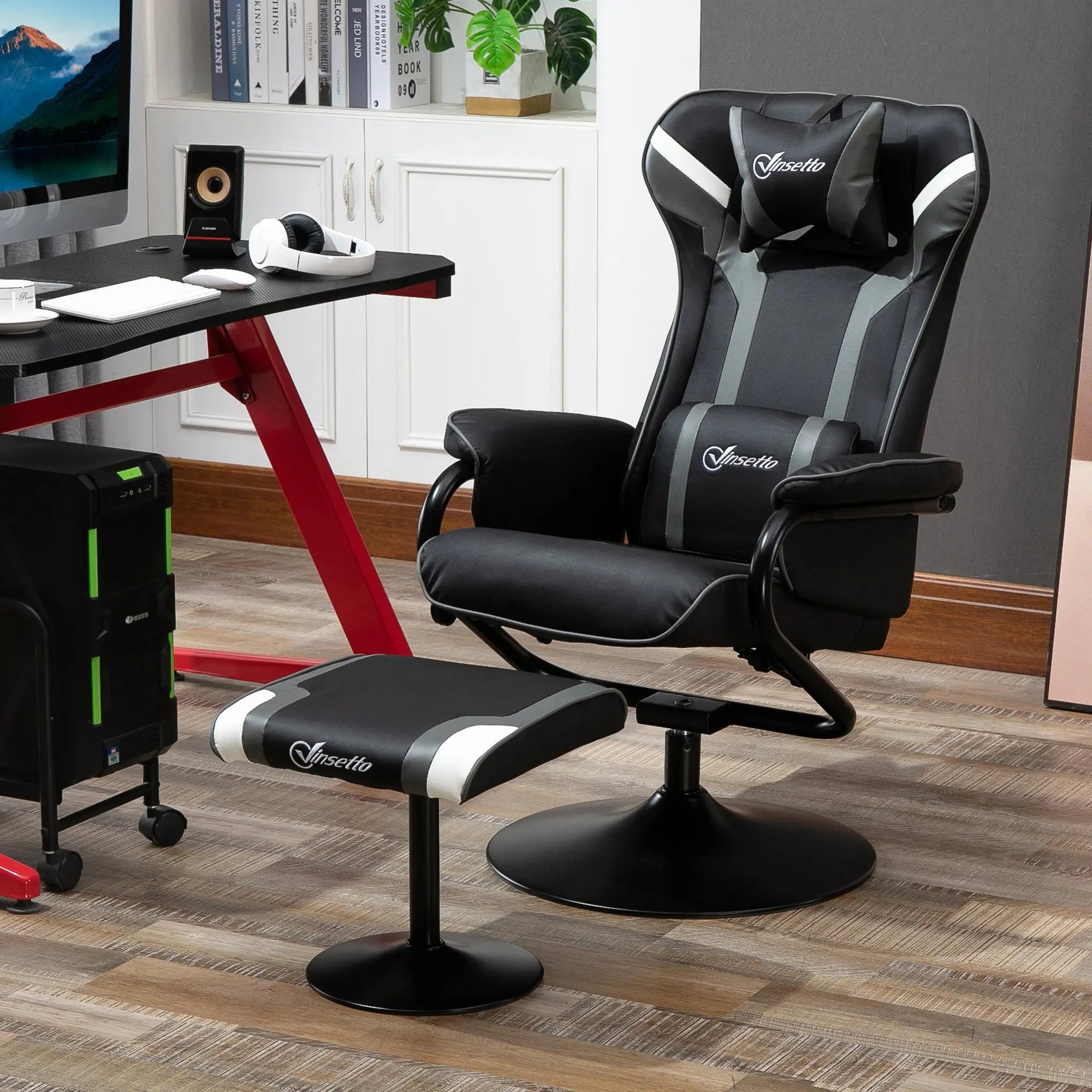 Vinsetto Reclining Chair and Stool Set, Recliner Chair with Headrest, Gaming Chair with Lumbar Support, Pedestal Base for Home Office, Grey 