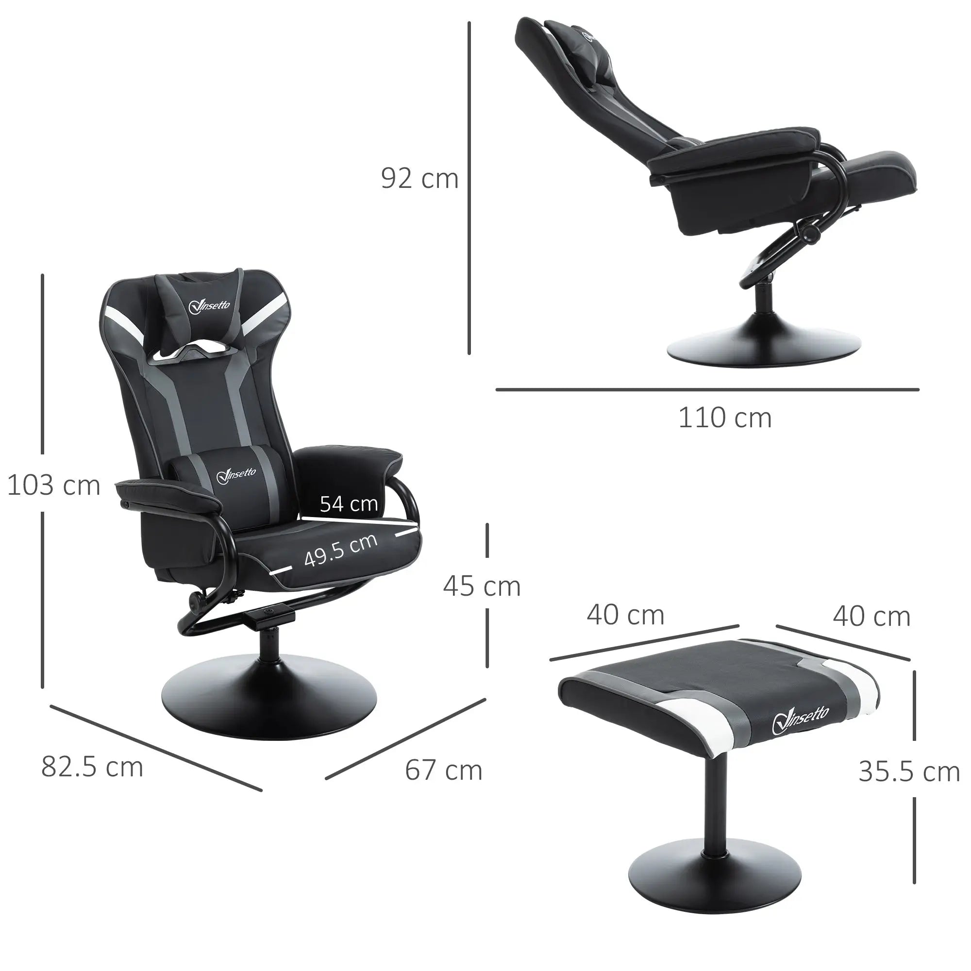 Vinsetto Reclining Chair and Stool Set, Recliner Chair with Headrest, Gaming Chair with Lumbar Support, Pedestal Base for Home Office, Grey 