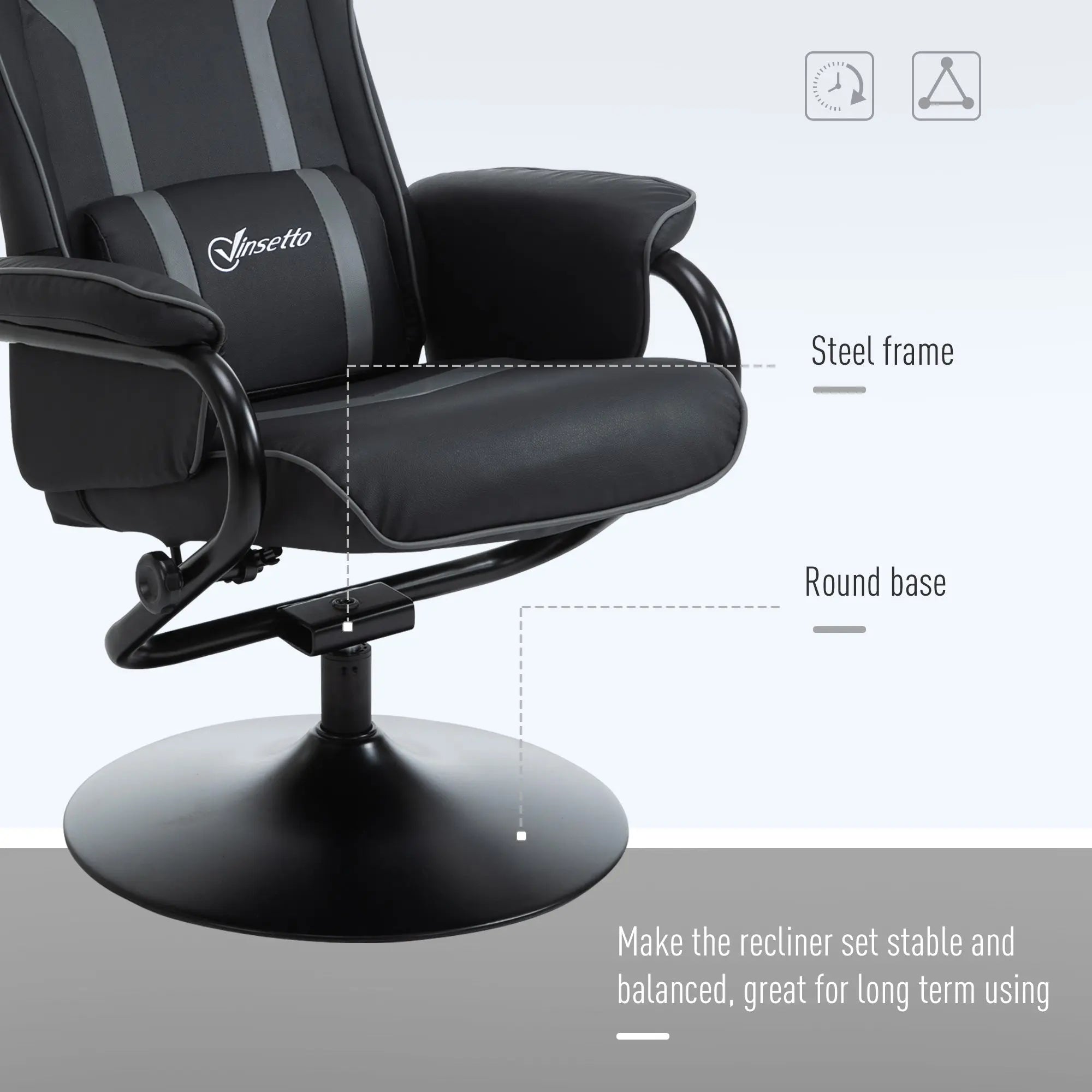 Vinsetto Reclining Chair and Stool Set, Recliner Chair with Headrest, Gaming Chair with Lumbar Support, Pedestal Base for Home Office, Grey 