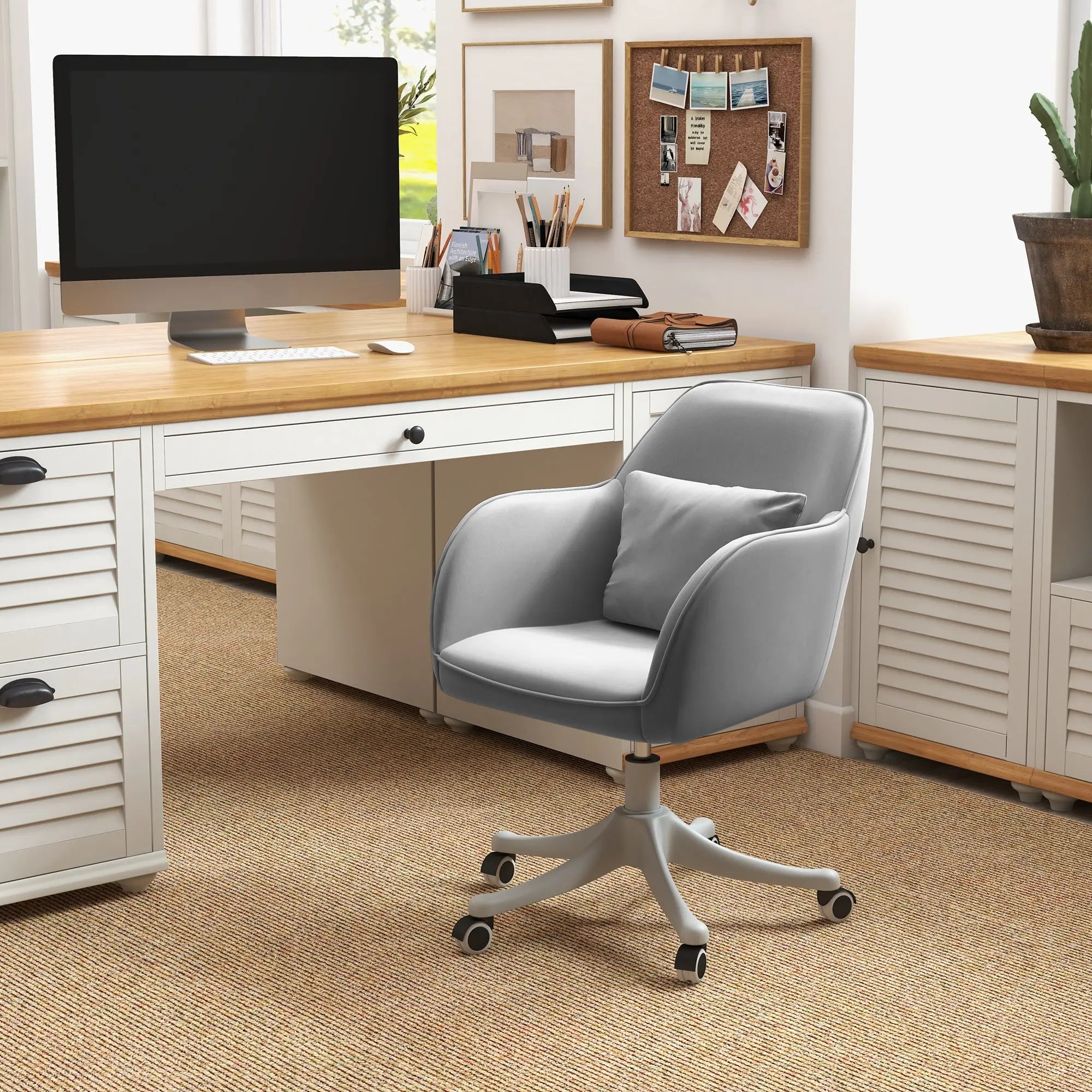 Vinsetto Velvet Office Chair, Desk Chair, Makeup Vanity Chair with Massage Lumbar Pillow and Rolling Wheels for Bedroom and Home, Grey 