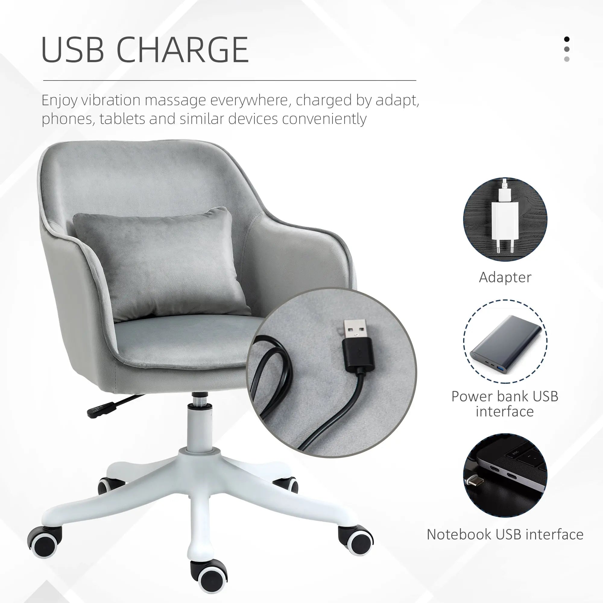Vinsetto Velvet Office Chair, Desk Chair, Makeup Vanity Chair with Massage Lumbar Pillow and Rolling Wheels for Bedroom and Home, Grey 