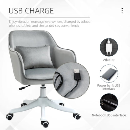 Vinsetto Velvet Office Chair, Desk Chair, Makeup Vanity Chair with Massage Lumbar Pillow and Rolling Wheels for Bedroom and Home, Grey 