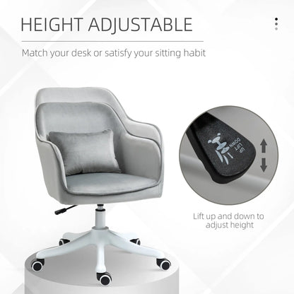 Vinsetto Velvet Office Chair, Desk Chair, Makeup Vanity Chair with Massage Lumbar Pillow and Rolling Wheels for Bedroom and Home, Grey 