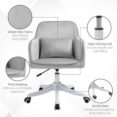 Vinsetto Velvet Office Chair, Desk Chair, Makeup Vanity Chair with Massage Lumbar Pillow and Rolling Wheels for Bedroom and Home, Grey 