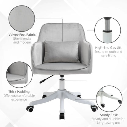 Vinsetto Velvet Office Chair, Desk Chair, Makeup Vanity Chair with Massage Lumbar Pillow and Rolling Wheels for Bedroom and Home, Grey 