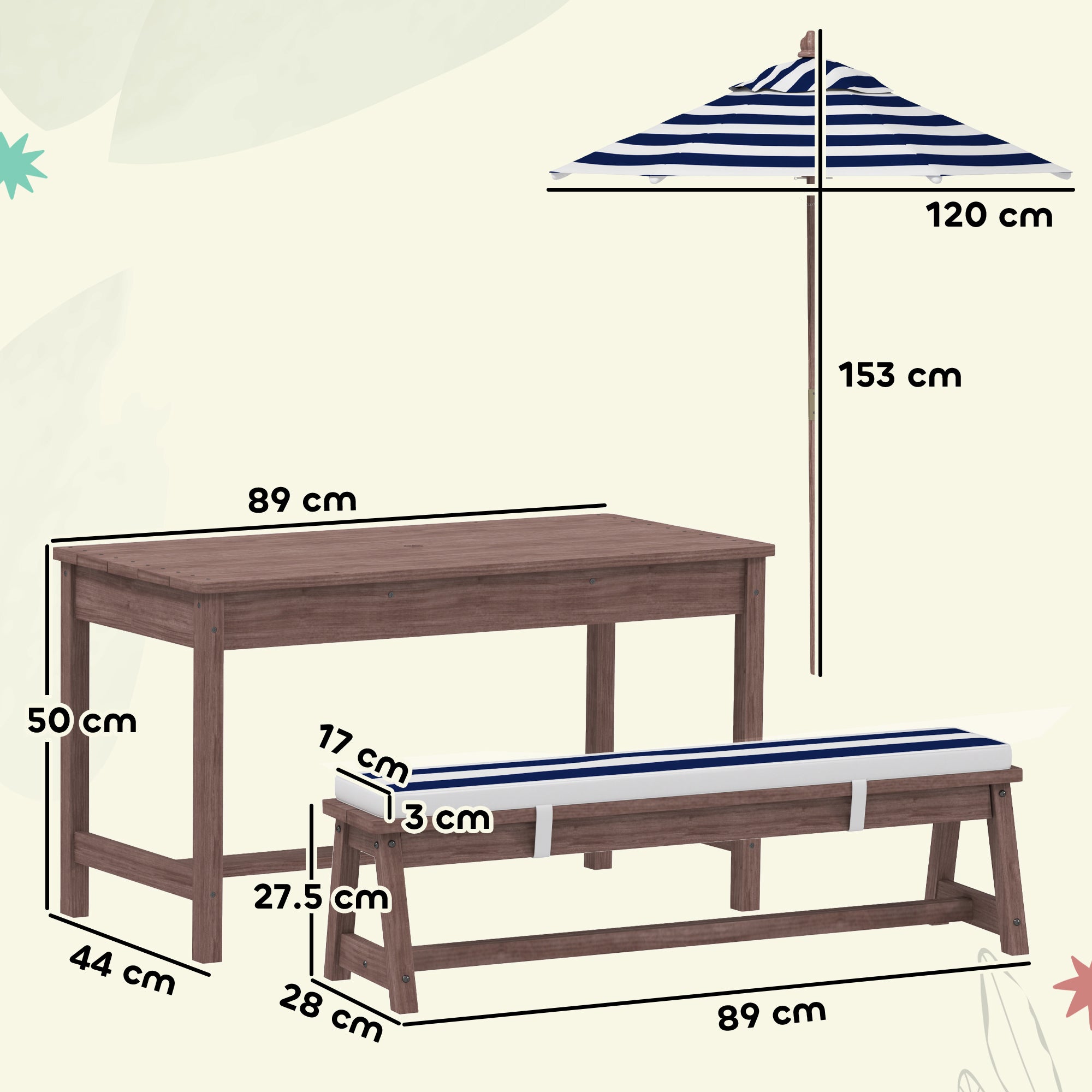 AIYAPLAY Outdoor Wooden Kids Picnic Table & Bench Set with Cushions and Umbrella, for Patio, Garden, Navy Blue 