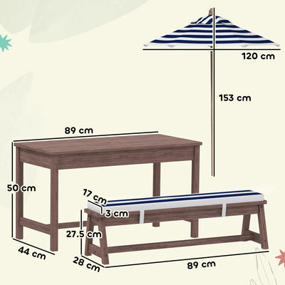 AIYAPLAY Outdoor Wooden Kids Picnic Table & Bench Set with Cushions and Umbrella, for Patio, Garden, Navy Blue 