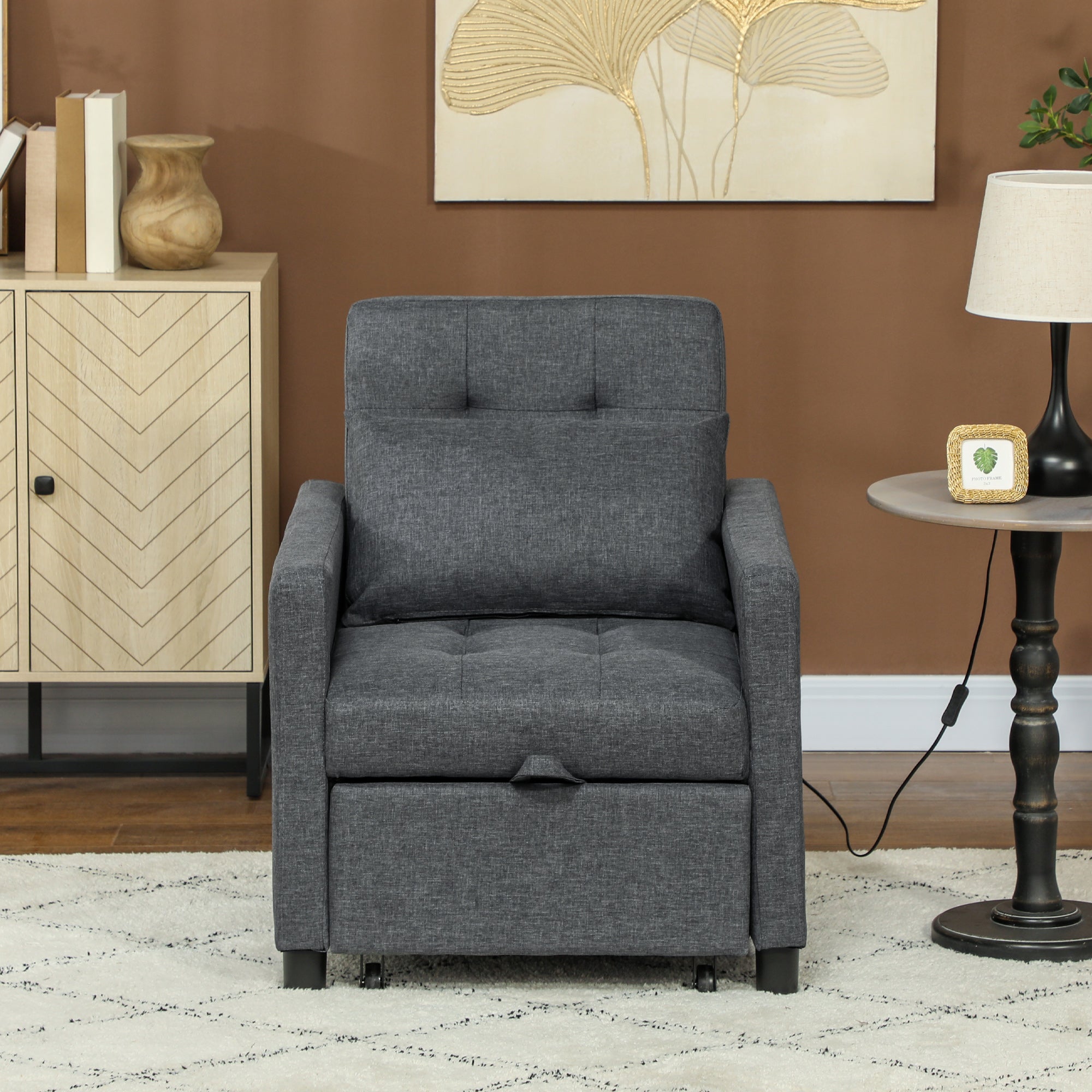 HOMCOM 3-In-1 Chair Bed, Convertible Sleeper Chair with Adjustable Backrest, Pillow and Footrest for Living Room, Dark Grey 