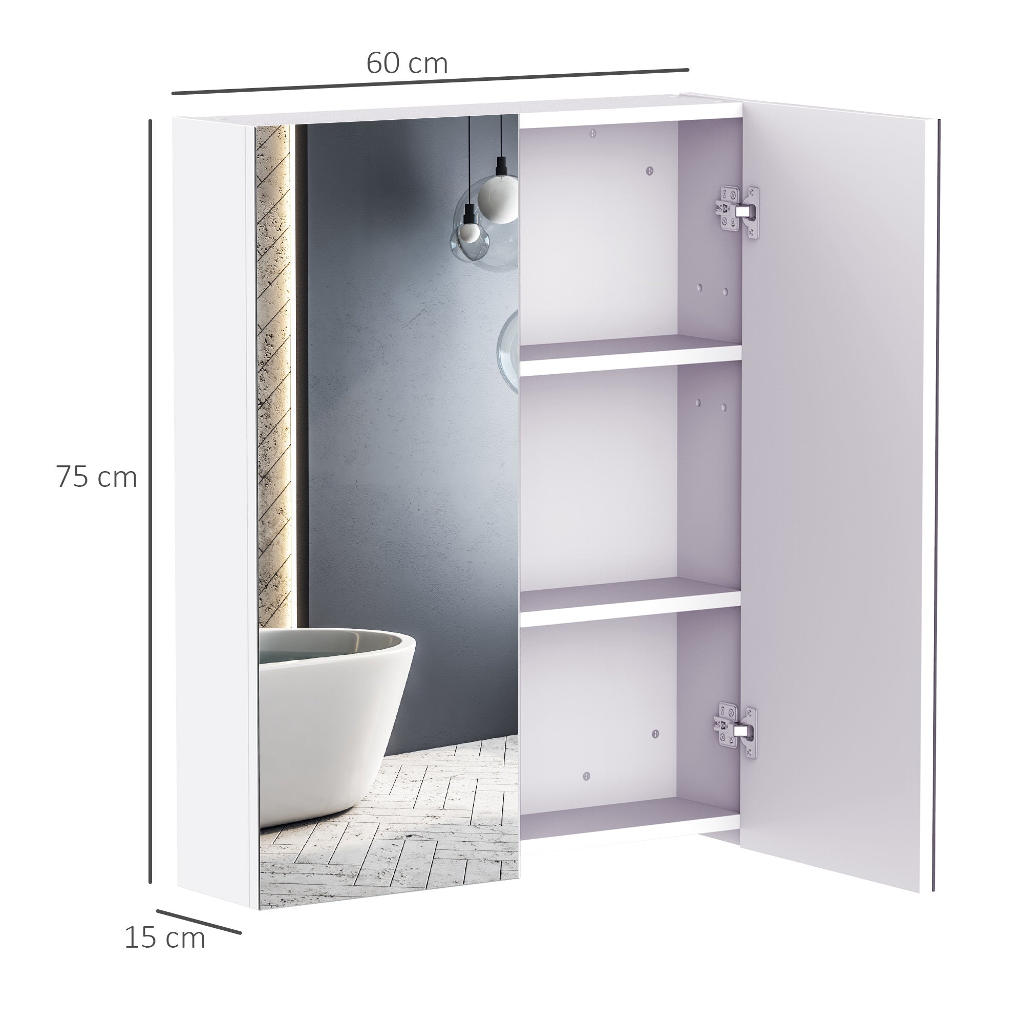 HOMCOM Mirror Cabinet, Wall Mount Bathroom Storage Cabinet with Adjustable Shelf, Double Door Cupboard, 60 x 15 x 75 cm, White 