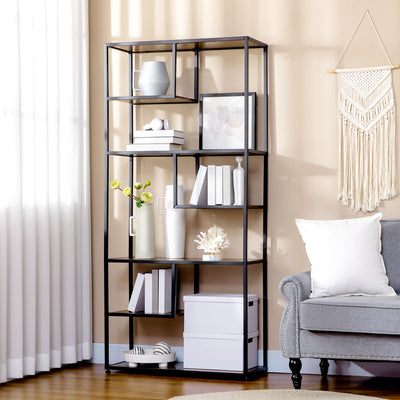 HOMCOM Industrial Bookcase Shelf, 6 Tier Metal Shelving, Storage Shelves for Living Room, Home Office, Bedroom, Rustic Brown 