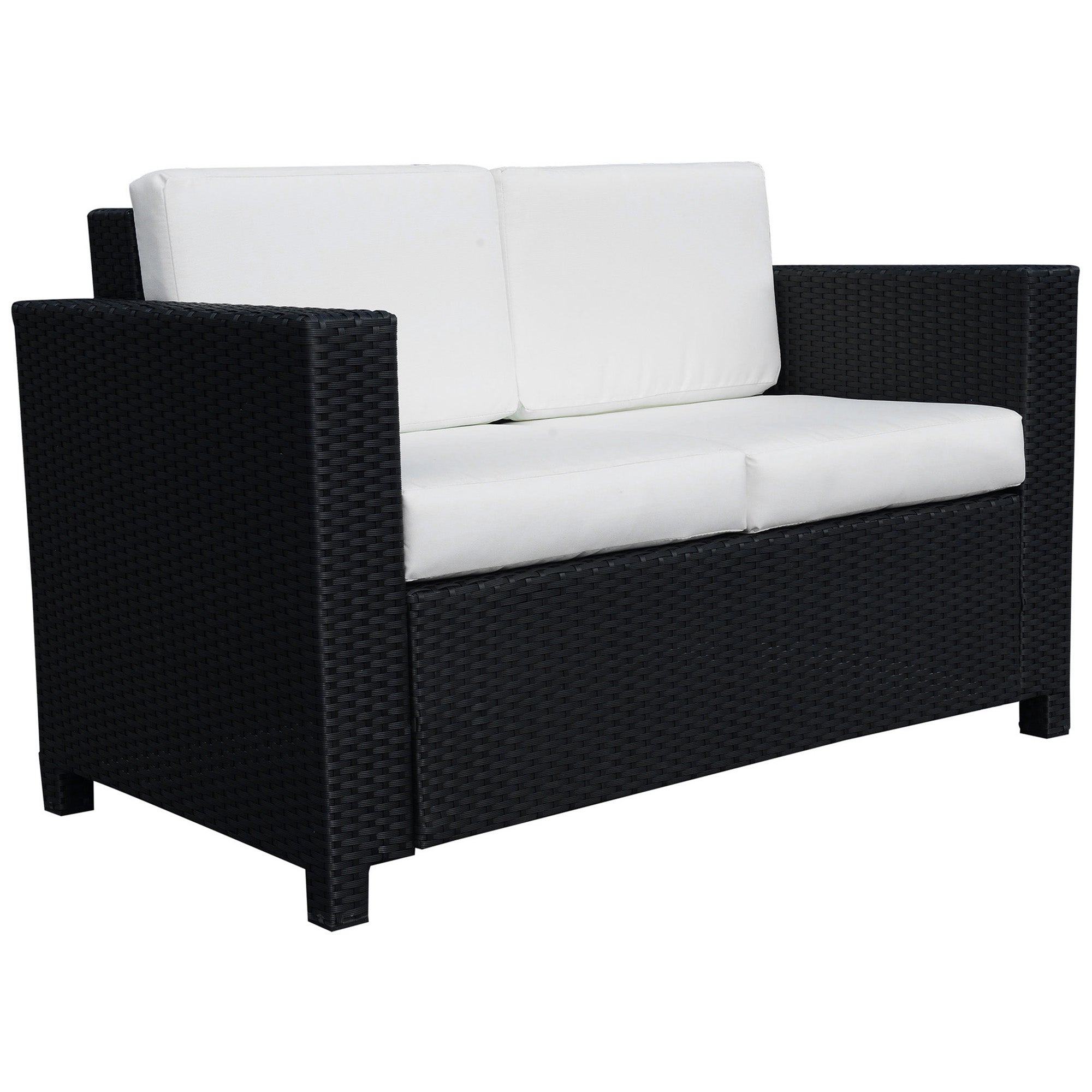 Outsunny 2 Seater Rattan Sofa with Soft Padded Cushion, All-Weather PE Wicker Weave Garden Loveseat with Armrests, Black 