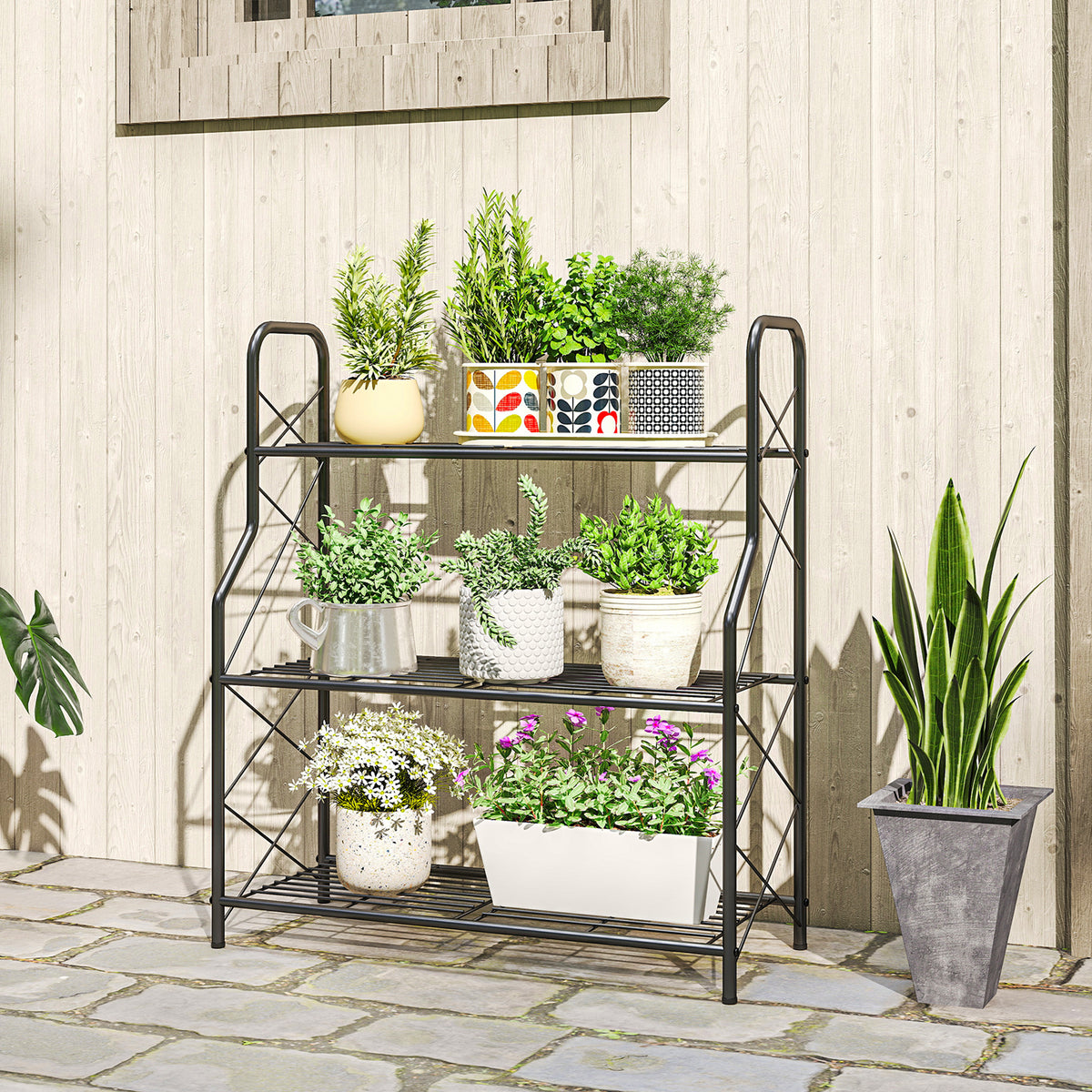 Outsunny 3-Tier Metal Plant Stand, Heavy Duty Ladder Shelf Potted Plants Display Rack, Indoor Outdoor Flower Pot Holder 