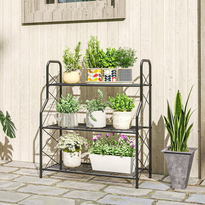 Outsunny 3-Tier Metal Plant Stand, Heavy Duty Ladder Shelf Potted Plants Display Rack, Indoor Outdoor Flower Pot Holder 
