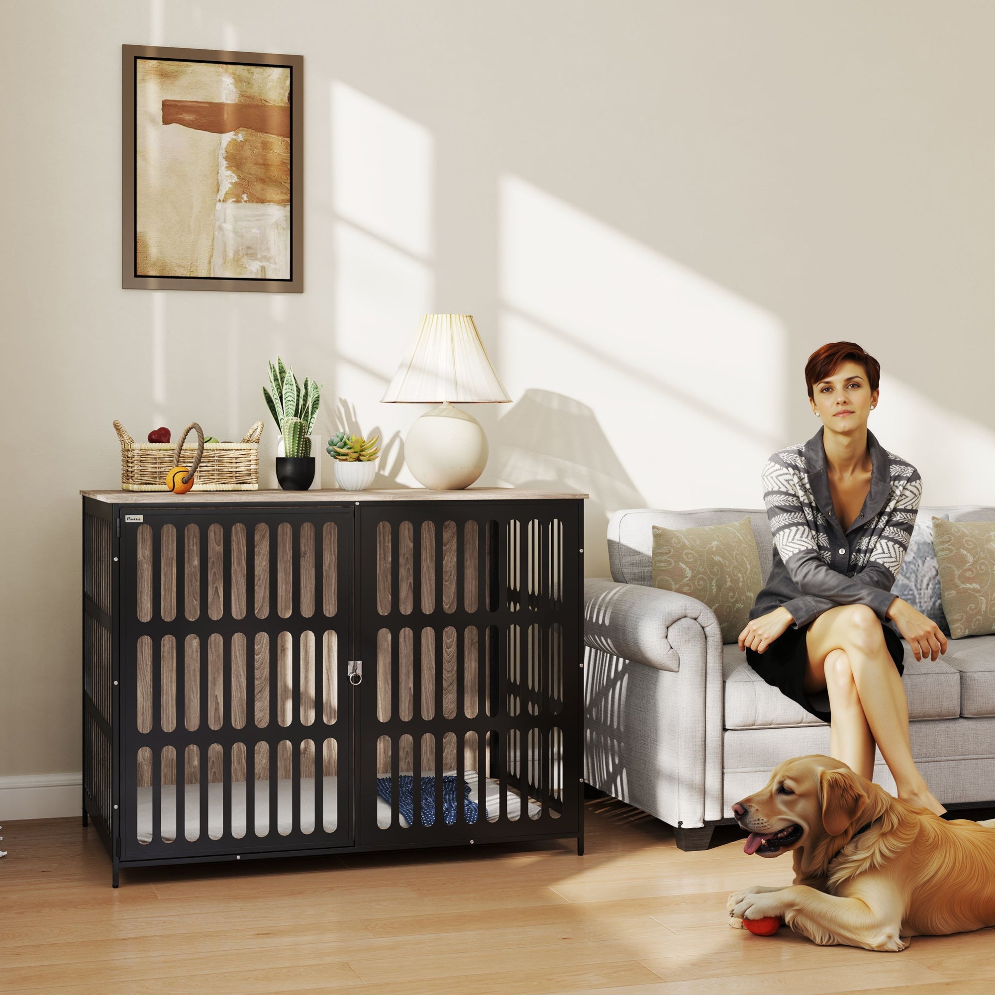 PawHut Dog Crate Furniture with Anti-Chew Resistant Mesh, Anti-Escape Single Door, for Extra Large Dogs, 118 x 80 x 92 cm 