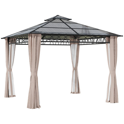 Outsunny 3 x 3 (m) Outdoor Polycarbonate Gazebo, Double\'c2\'a0Roof Hard Top Gazebo with\'c2\'a0Galvanised Steel Frame, Nettings\'c2\'a0&\'c2\'a0Curtains for Garden, Lawn, Patio and Deck, Khaki 