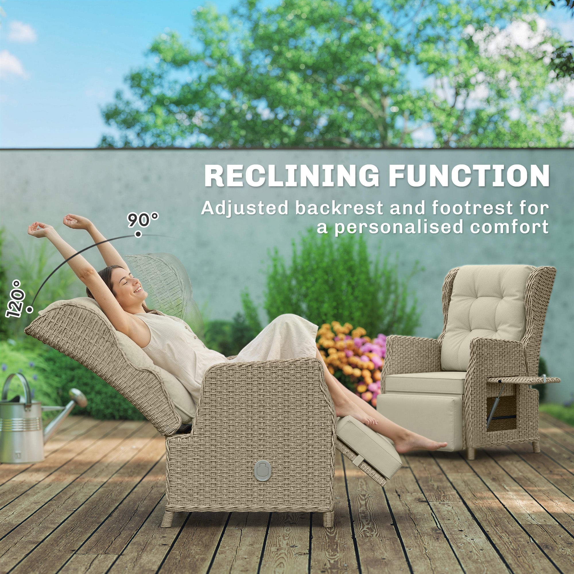 Outsunny Rattan Garden Recliner Chair, Reclining Garden Chair with Adjustable Back and Footrest, Flip Table, Cushion, Brown 