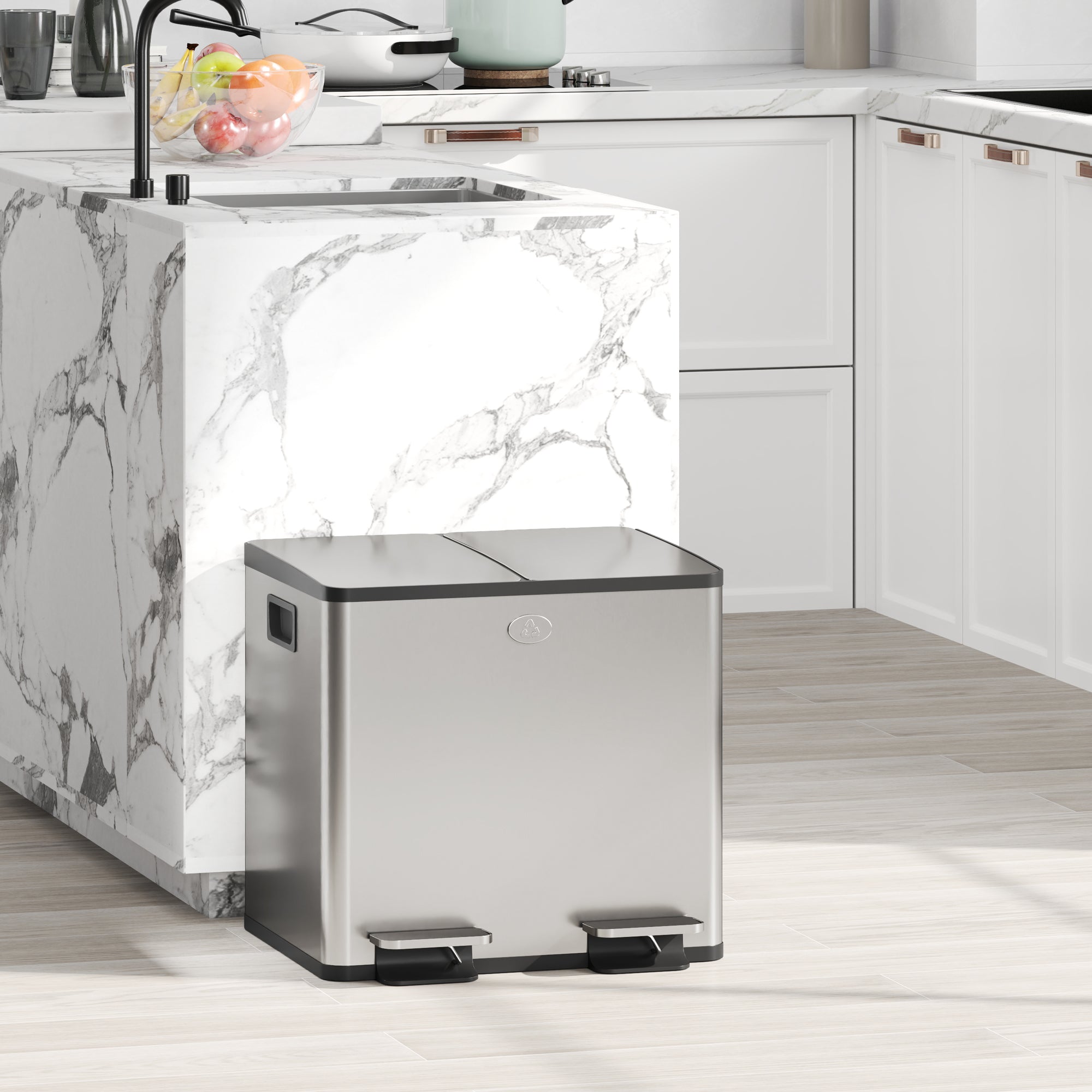 HOMCOM 30L Dual Compartment Stainless Steel Bin, with Deodoriser Holders - Silver Tone 