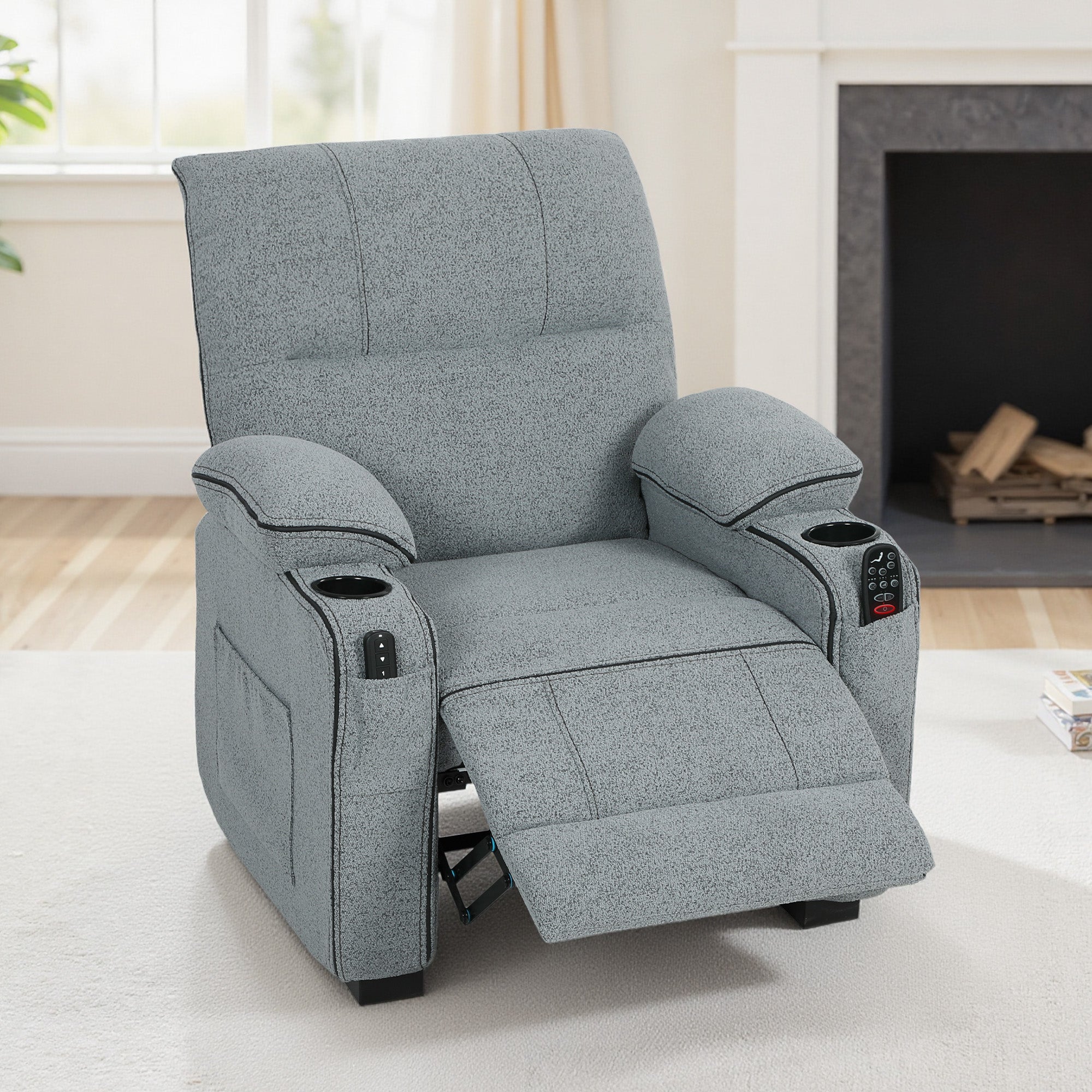 HOMCOM Electric Massage Recliner Armchair with Vibration, Heat, Whisper-Quiet Motor, Memory Function, Velvet Power Reclining Chair with Spring Pack, USB Port, Footrest, Side Pocket, Cup Holders, Grey 