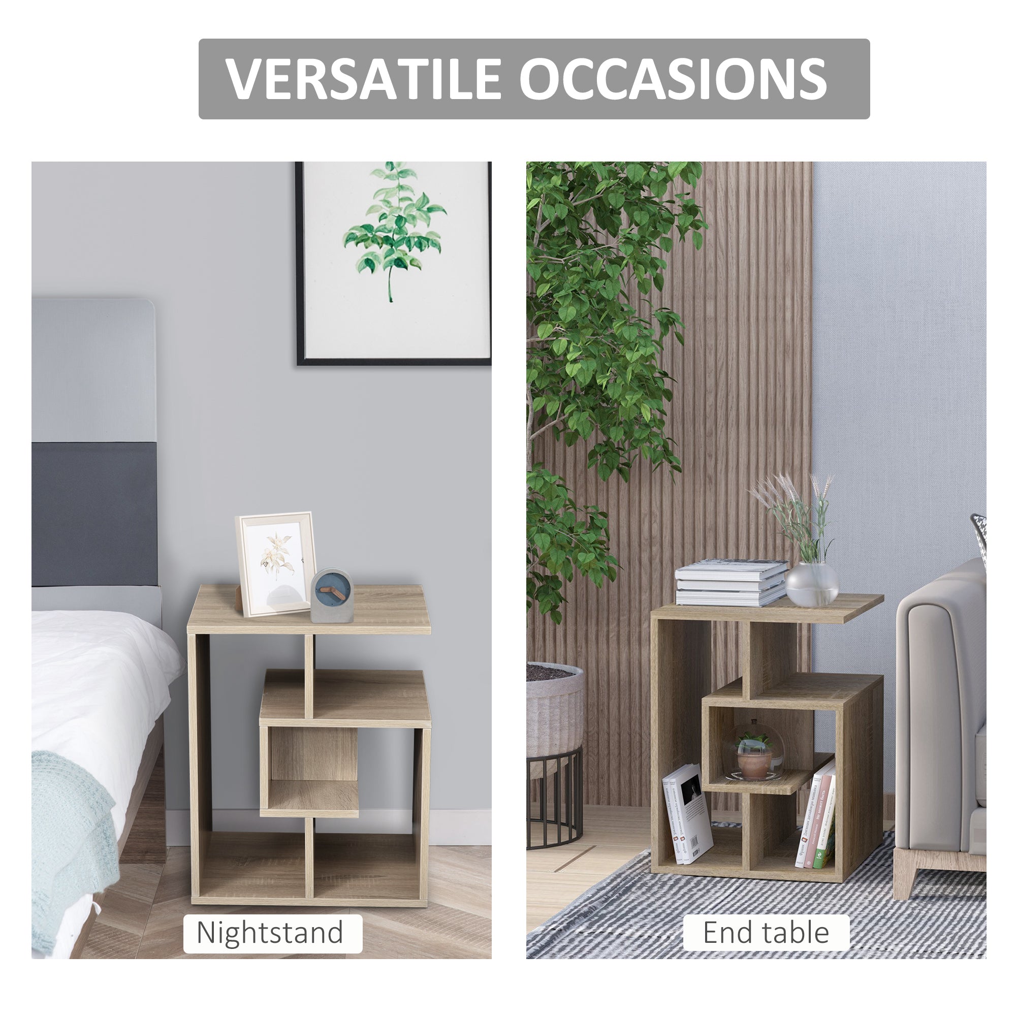 HOMCOM Side Table, 3 Tier End Table with Open Storage Shelves for Living Room, Bedroom, Oak 