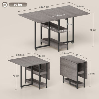 HOMCOM Industrial Folding Dining Table, Drop Leaf Table with Open Compartments for Small Spaces, Kitchen, Dining Room, Grey 