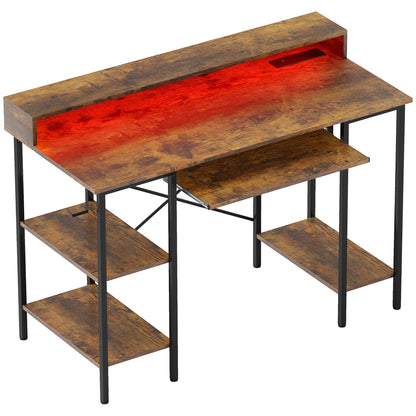 HOMCOM Computer Desk with LED Lights and Power Outlets, 120 x 55 cm Reversible Gaming Desk with Monitor Stand, Sliding Keyboard Tray and Storage Shelves for Home Office, Rustic Brown 