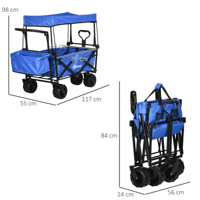 Outsunny Folding Trolley Cart Storage Wagon Beach Trailer 4 Wheels with Handle Overhead Canopy Cart Push Pull for Camping, Blue 