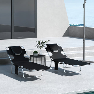 Outsunny Foldable Sun Lounger Set of 2, Beach Chaise Lounges with Reading Hole, Arm Slots, 5-Position Adjustable Backrest, Side Pocket, Pillow for Patio, Garden, Beach, Pool, Black 