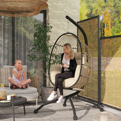 Outsunny Hanging Egg Chair Outdoor Indoor Garden Swing Chair with Folding Basket and Thickened Cushion, Garden Hanging Chair with Stand, Headrest, Cup Holder for Patio, Balcony, Khaki 