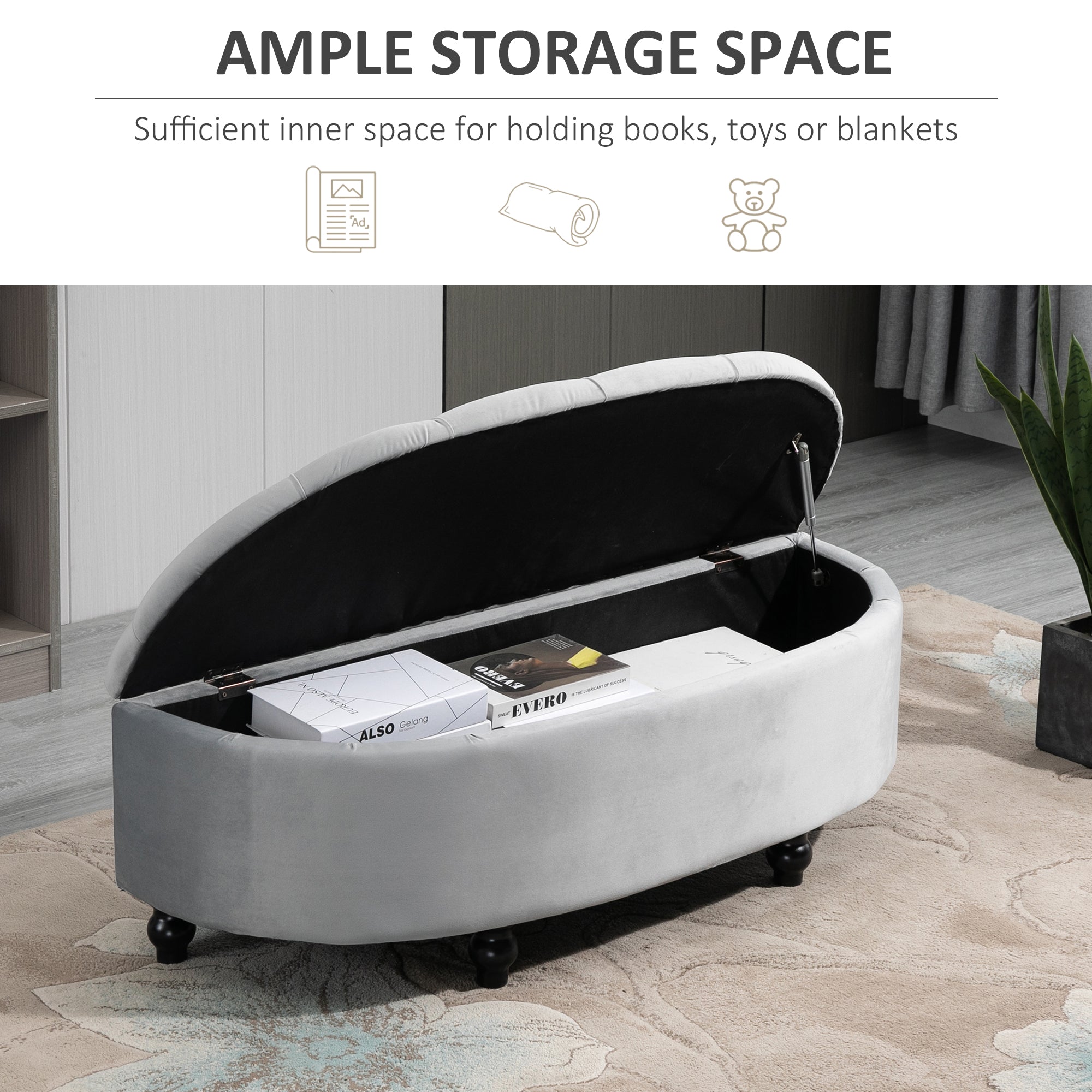 HOMCOM Semi-Circle Ottoman Storage Bench, Bed End Bench, Tufted Upholstered Window Seat Footrest Stool with Rubberwood Legs for Bedroom & Entryway, 120 x 46 x 42 cm, Light Grey 