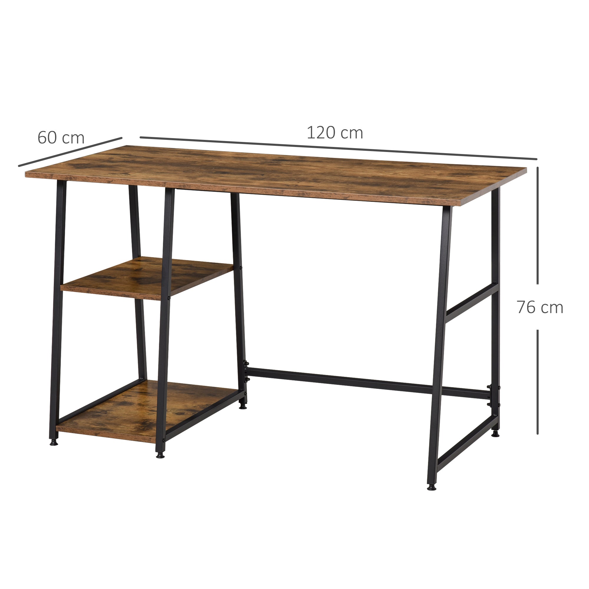 HOMCOM Computer Desk with Storage, Industrial Home Office Desk with 2 Tier Shelves and Steel Frame, Work Desk for Study Room, Black and Rustic Brown 