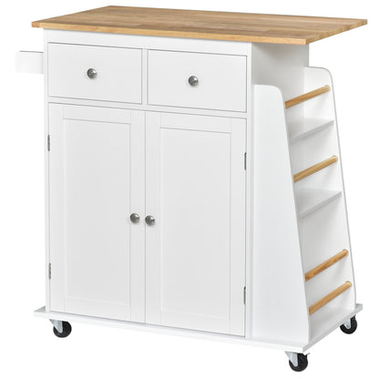HOMCOM Kitchen Island on Wheels, Mobile Storage Trolley, Rolling Kitchen Cart with Rubber Wood Top, 2-Door Cabinets, 2 Drawers, Adjustable Shelf, 3-Tier Spice Rack, Drawers 